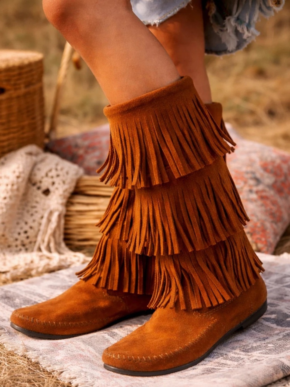 Minnetonka 3 Layer Fringe Boots Brown Suede Boho Moccasin Women’s 9